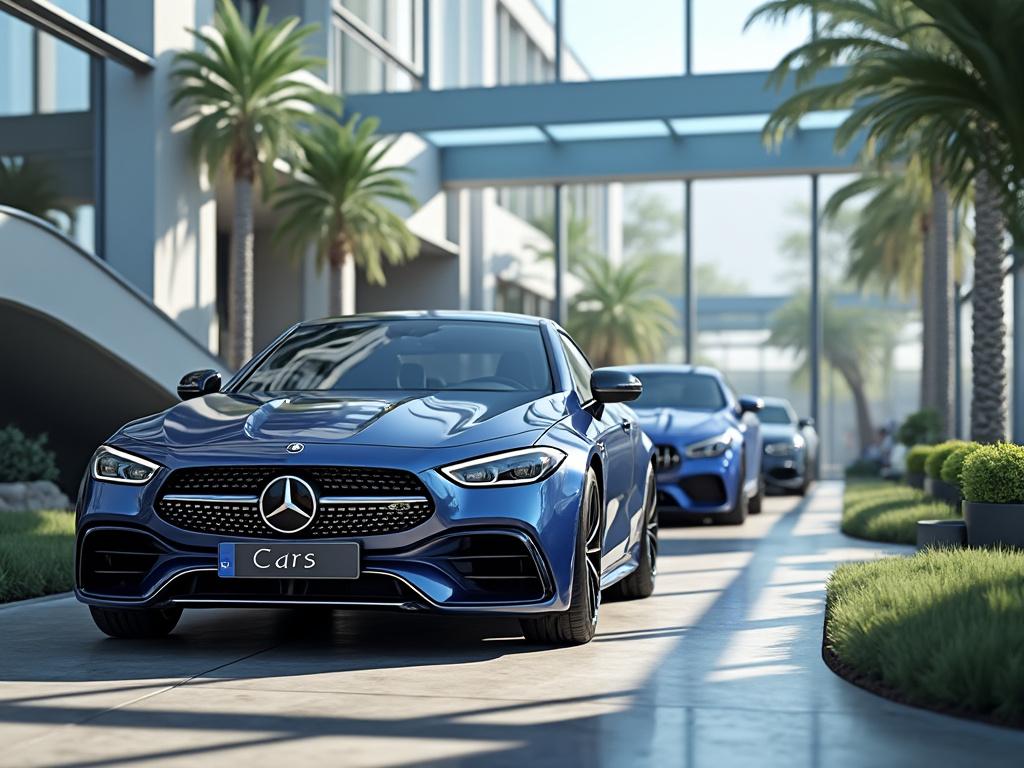 Luxury blue sports car parked in a modern glass building driveway with palm trees.
