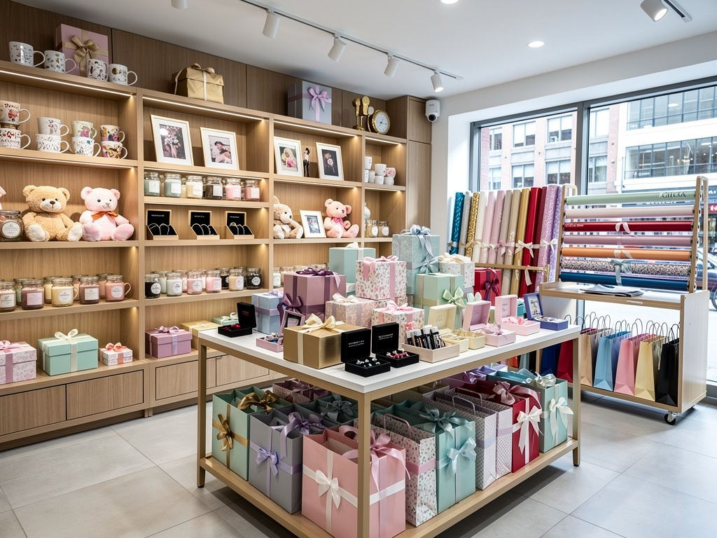 Tienda de regalos elegante con cajas decorativas, peluches, velas, tazas y papeles de regalo de colores