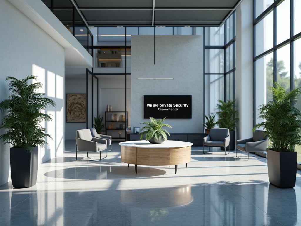 Vestíbulo moderno con sofás grises, plantas en macetas y un cartel de seguridad en la pared.