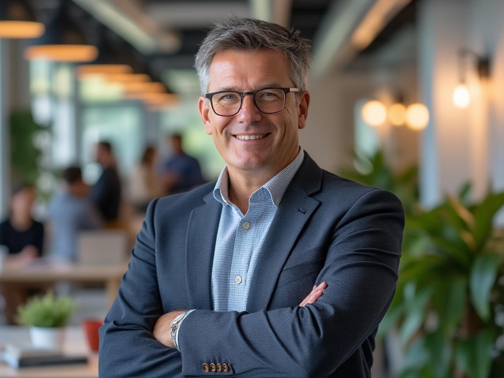 Confident man in business attire smiling in modern office environment with plants and blurred colleagues in background.