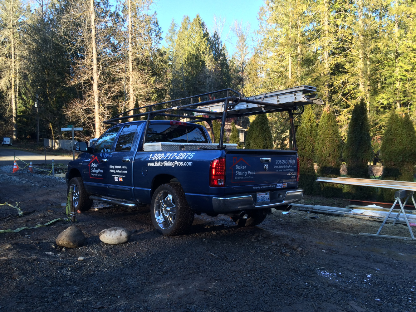Look for our Blue trucks with the writing Baker Siding Pros and give us a call to discuss your siding needs!