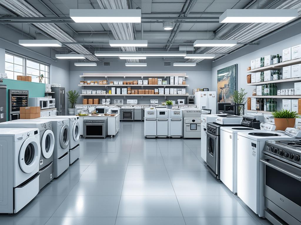 Tienda de electrodomésticos con lavadoras, secadoras y estufas modernas en exhibición.