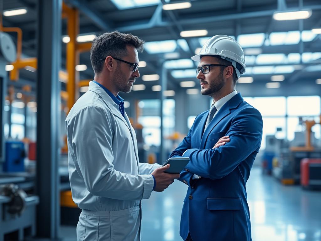 Dos profesionales en una fábrica, uno con bata blanca y otro con casco, discutiendo.