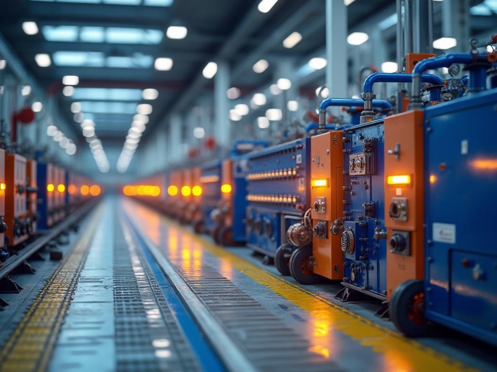 Fila de maquinaria industrial azul y naranja en una fábrica moderna iluminada. Fila de maquinaria industrial azul y naranja en una fábrica moderna iluminada.