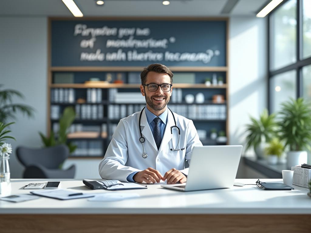Médico sonriente con bata blanca y estetoscopio, sentado en su oficina moderna frente a una computadora portátil.