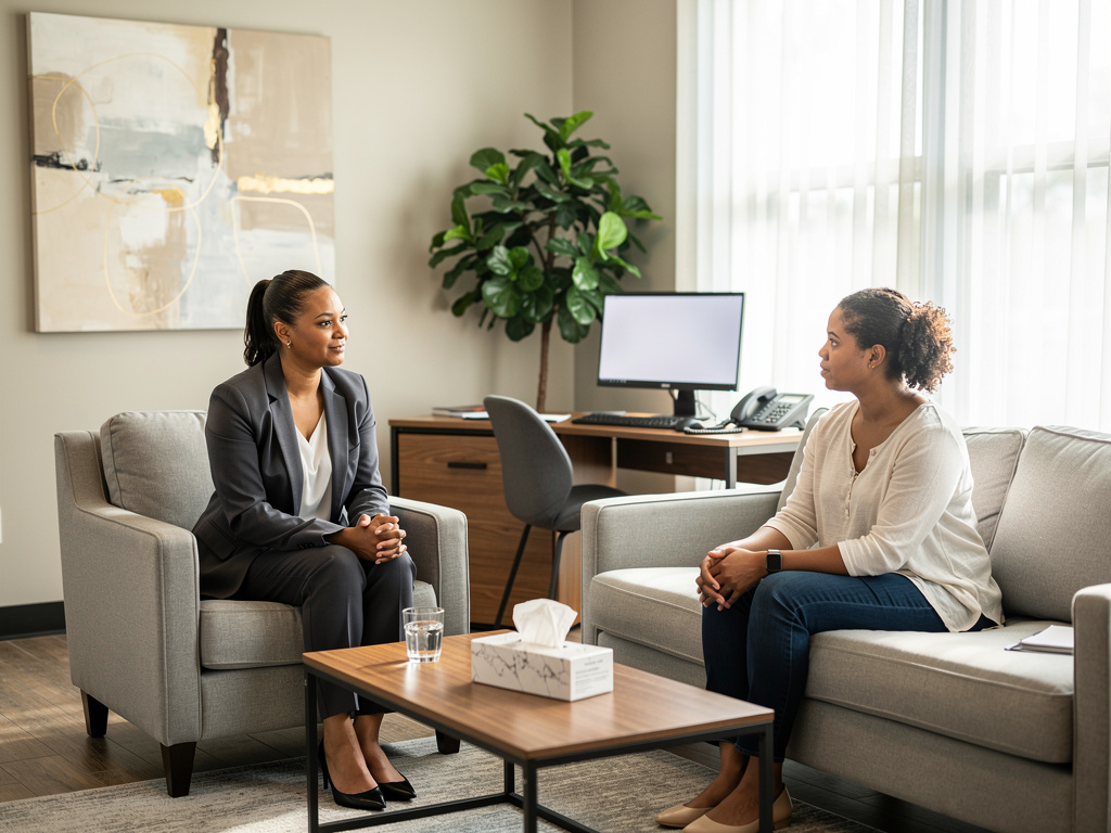 Therapist and client having a counseling session in a modern office with sofa, desk, plant, and natural light