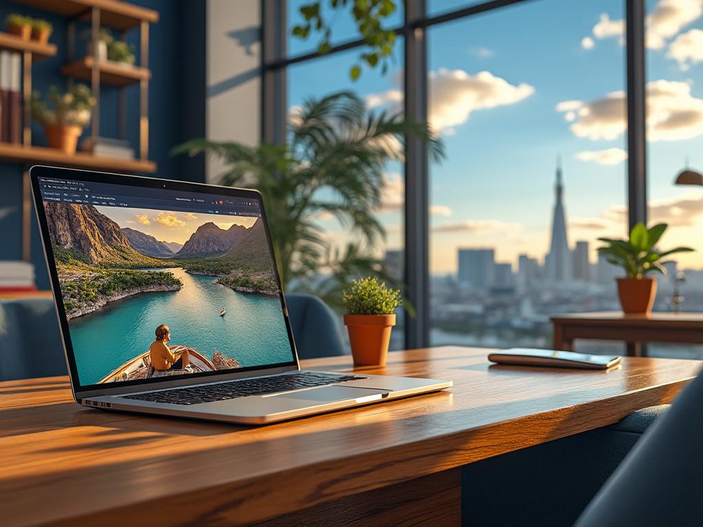 Portátil en escritorio de oficina moderna con vista al atardecer urbano y pantalla mostrando paisaje de montaña y lago.