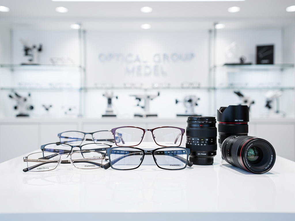 Gafas graduadas y lentes de cámara sobre mostrador en óptica moderna