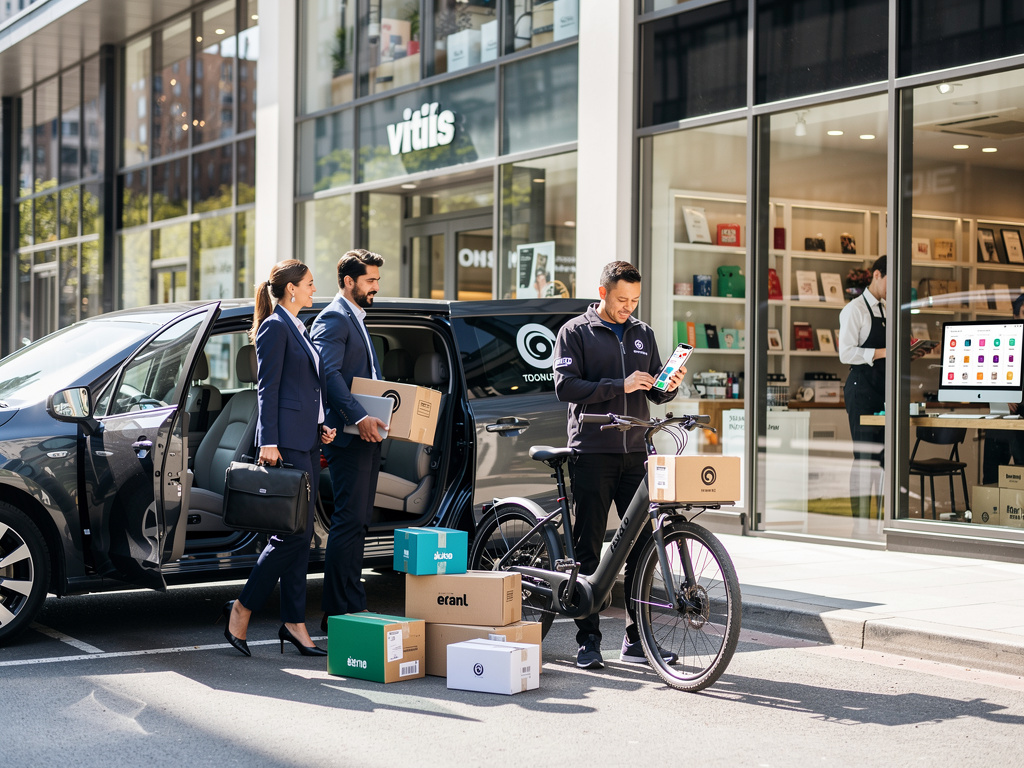 Business professionals receiving package delivery from courier with cargo bike outside modern retail storefront