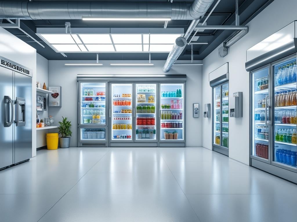 Interior de una tienda moderna con estanterías refrigeradas llenas de bebidas y productos variados, iluminación brillante y diseño industrial con tuberías expuestas. Interior de una tienda moderna con estanterías refrigeradas llenas de bebidas y productos variados, iluminación brillante y diseño industrial con tuberías expuestas.