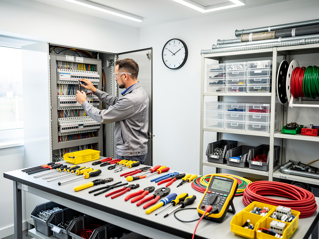 Electricista trabajando en un panel eléctrico en taller con herramientas, cables y multímetro