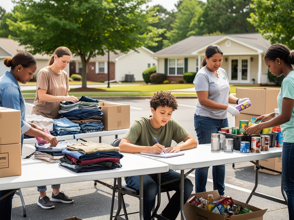 Volunteers sorting donated clothes and canned food at an outdoor community donation drive