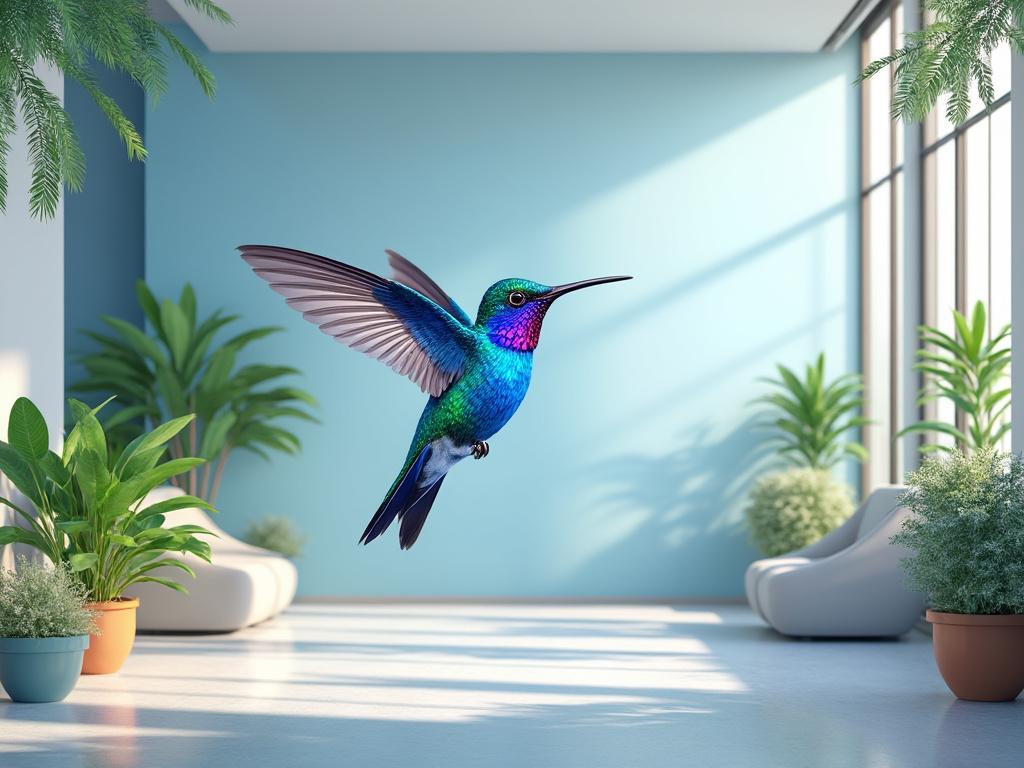 Colibrí multicolor volando en una habitación moderna con plantas y luz natural. Colibrí multicolor volando en una habitación moderna con plantas y luz natural.