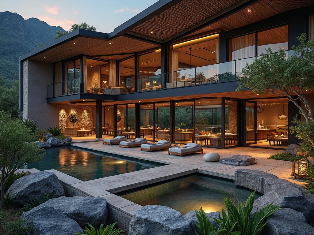 Casa moderna de dos pisos con grandes ventanales, piscina y terraza iluminada al atardecer, rodeada de montañas y vegetación exuberante.