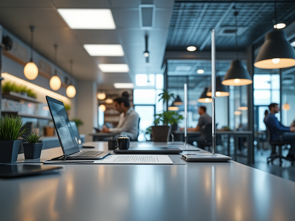 Oficina moderna con laptops, plantas y lámparas colgantes en un ambiente colaborativo.