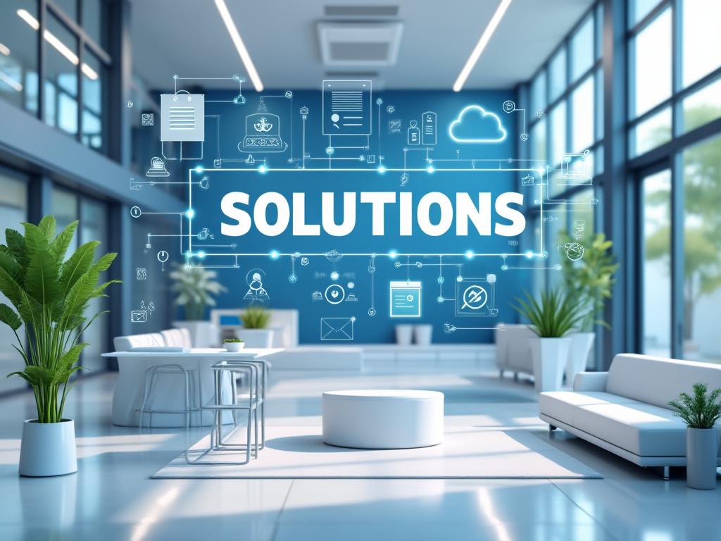 Modern office interior with digital 'Solutions' graphic overlay, featuring potted plants and sleek furniture.