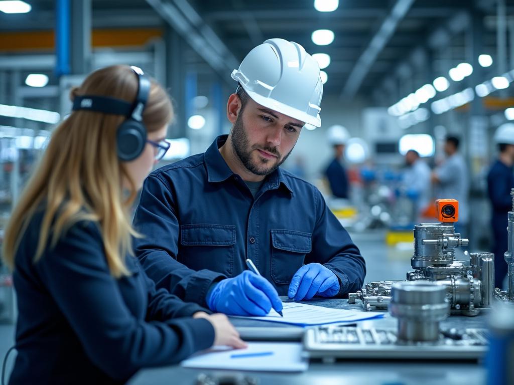 Ingenieros con casco blanco trabajando en una fábrica, revisando documentos y maquinaria en un entorno industrial.