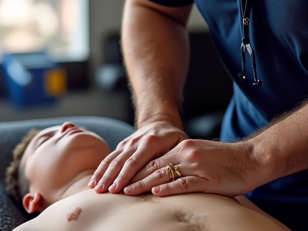 Physician performing a chest examination on a child in a medical setting.
