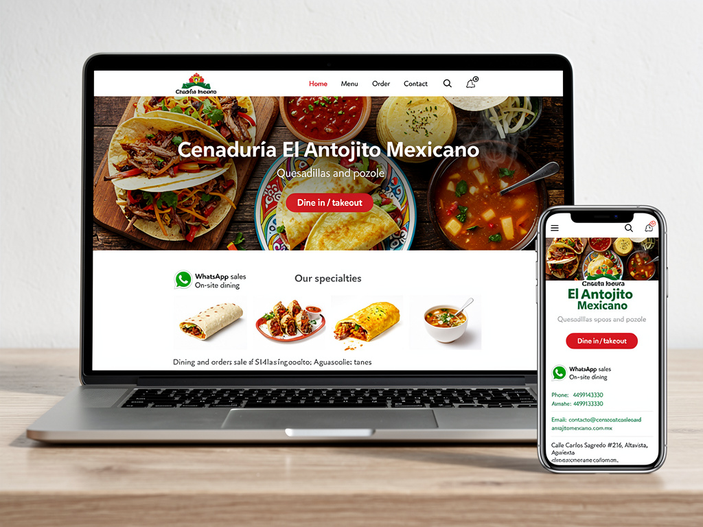 Diseño web responsive para cenaduría mexicana con menú de tacos, quesadillas y pozole en laptop y móvil