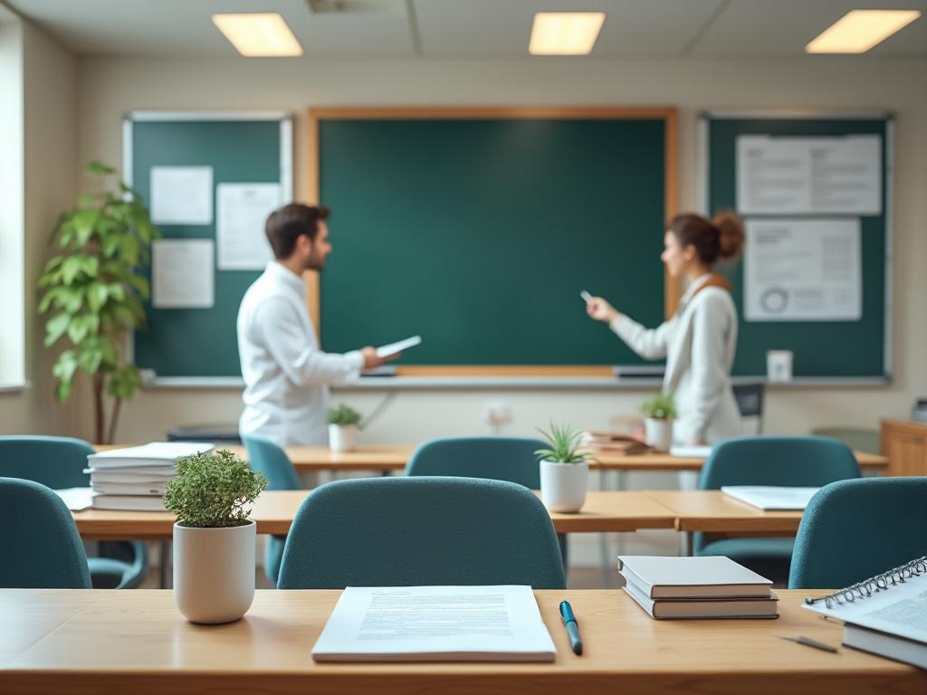 Aula moderna con pupitres, plantas y profesores conversando frente a una pizarra verde.