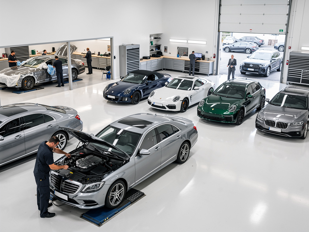 Luxury car service center with mechanics inspecting Mercedes, Porsche, BMW and Audi vehicles in a modern workshop