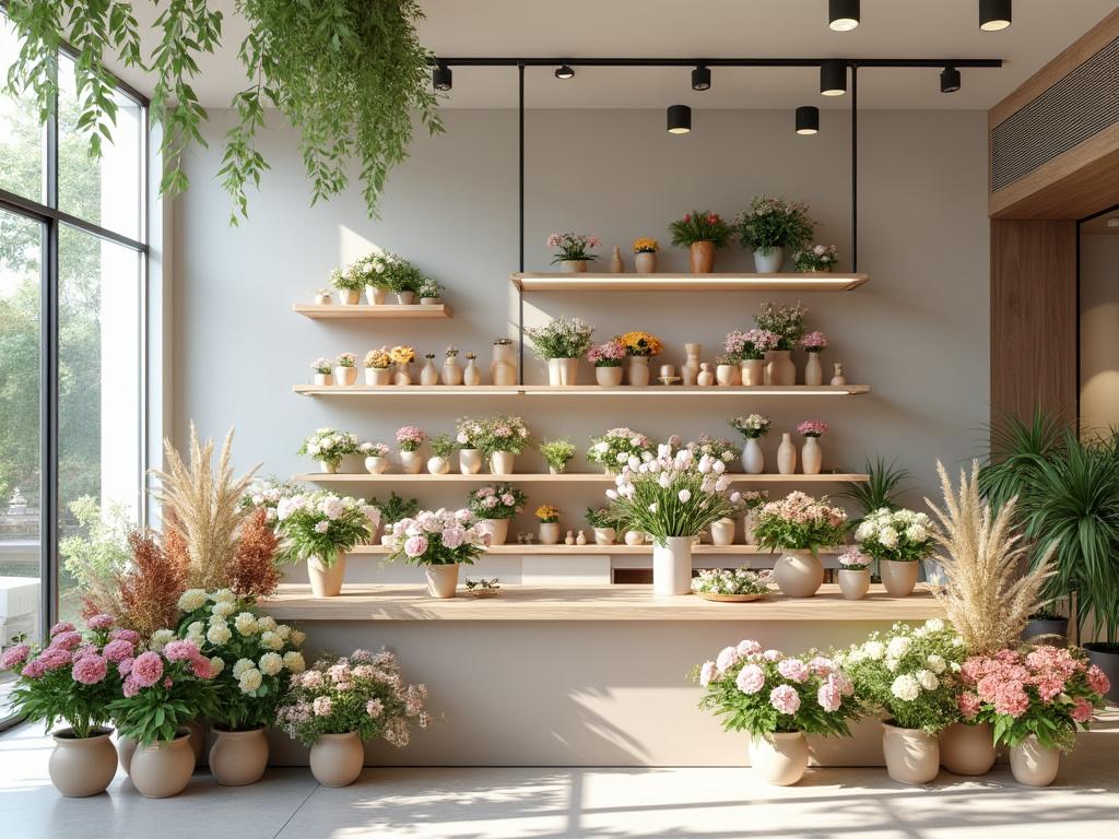 Floristería moderna con estantes de madera llenos de diversas plantas y flores en macetas, decoración natural con iluminación suave. Floristería moderna con estantes de madera llenos de diversas plantas y flores en macetas, decoración natural con iluminación suave.