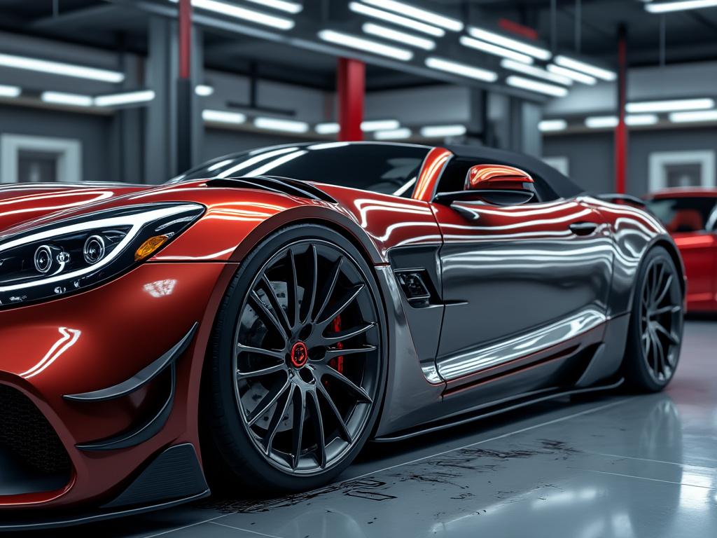 Red luxury sports car with sleek design and polished rims in a well-lit garage.