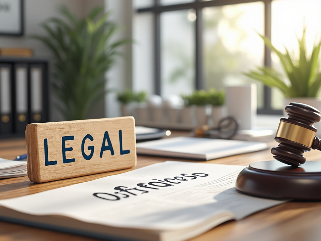 Oficina legal con cartel de madera que dice 'LEGAL' y mazo de juez sobre documentos en un escritorio.