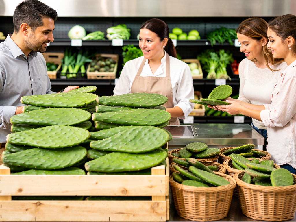 Clientes comprando nopales frescos en mercado de verduras con vendedora atendiendo