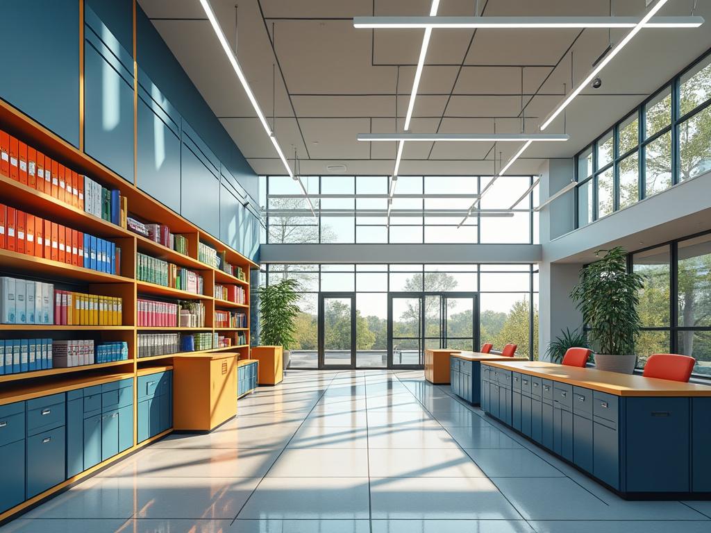 Modern office interior with blue cabinets, colorful shelves, large windows, and potted plants.