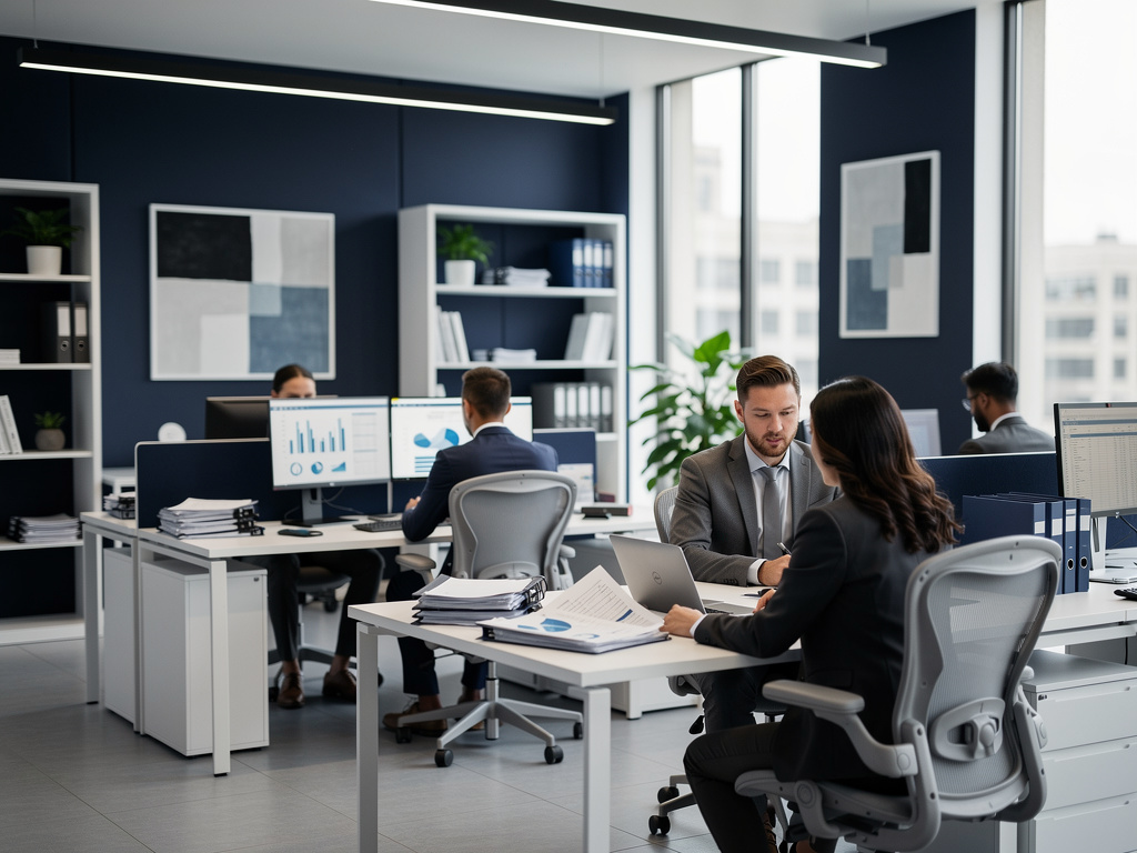 Oficina moderna con profesionales trabajando en escritorios, reuniones de negocios, portátiles y gráficos financieros en pantallas
