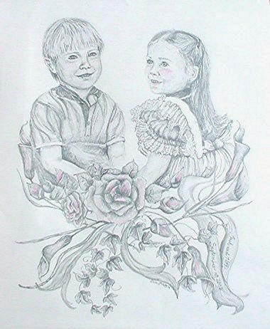 This is a graphite drawing of a bride and groom as children.  I created this from two separate photographs.  Client requested that roses, calla lillies, and ivy be included, along with a hint of pink in the children's cheeks and flowers.  Artist's Note:  I wove the girl's pinafore ribbon throughout the lower portion of the drawing and wrote their names and date of the wedding.  