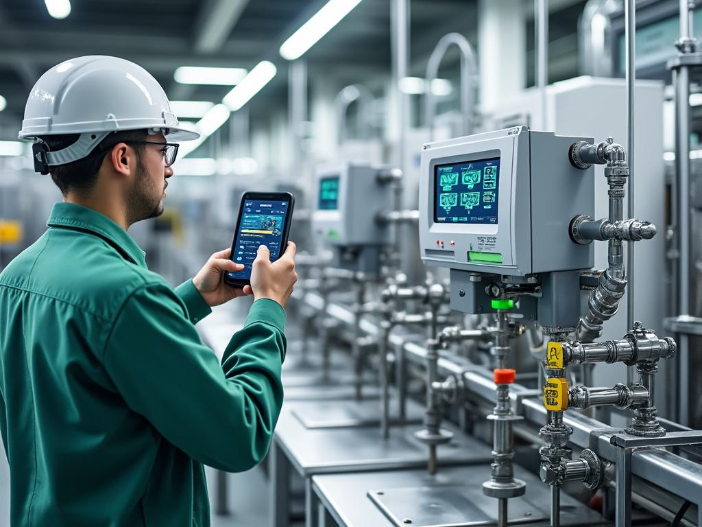 Engineer in a hard hat using a tablet to monitor machinery in an industrial facility.
