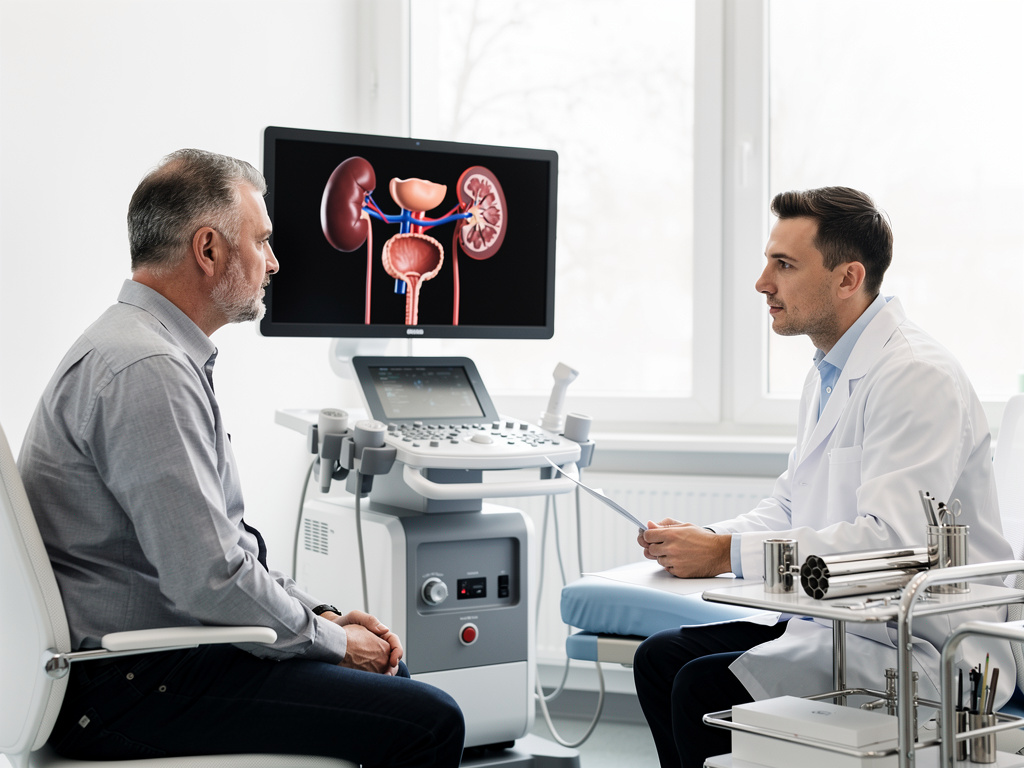 Urólogo consultando a paciente mayor en clínica con ecografía y pantalla mostrando riñones y sistema urinario