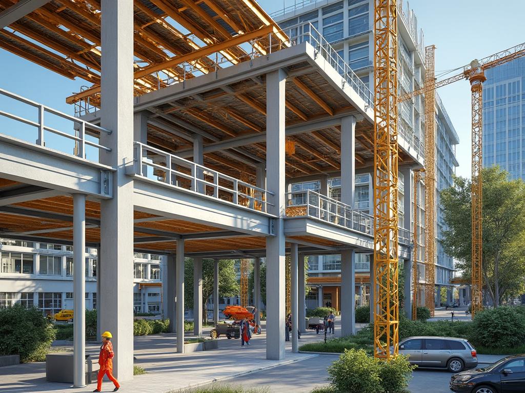 Estructura de edificio en construcción con grúas amarillas y trabajadores en el sitio.
