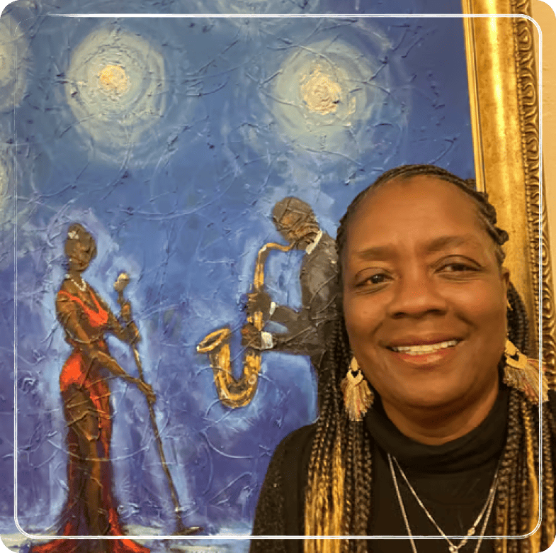 Polly in front of a framed painting. Polly in front of a framed painting.