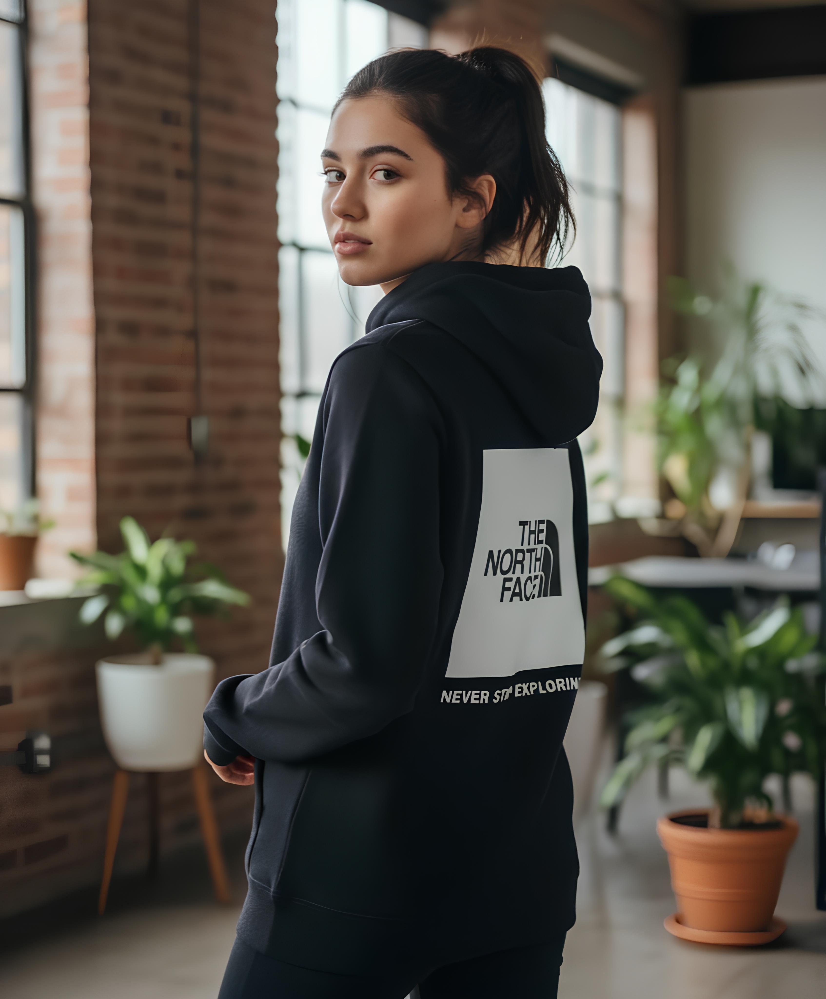 Tienda de ropa moderna con estantes de madera, camisas, chaquetas y planta decorativa.