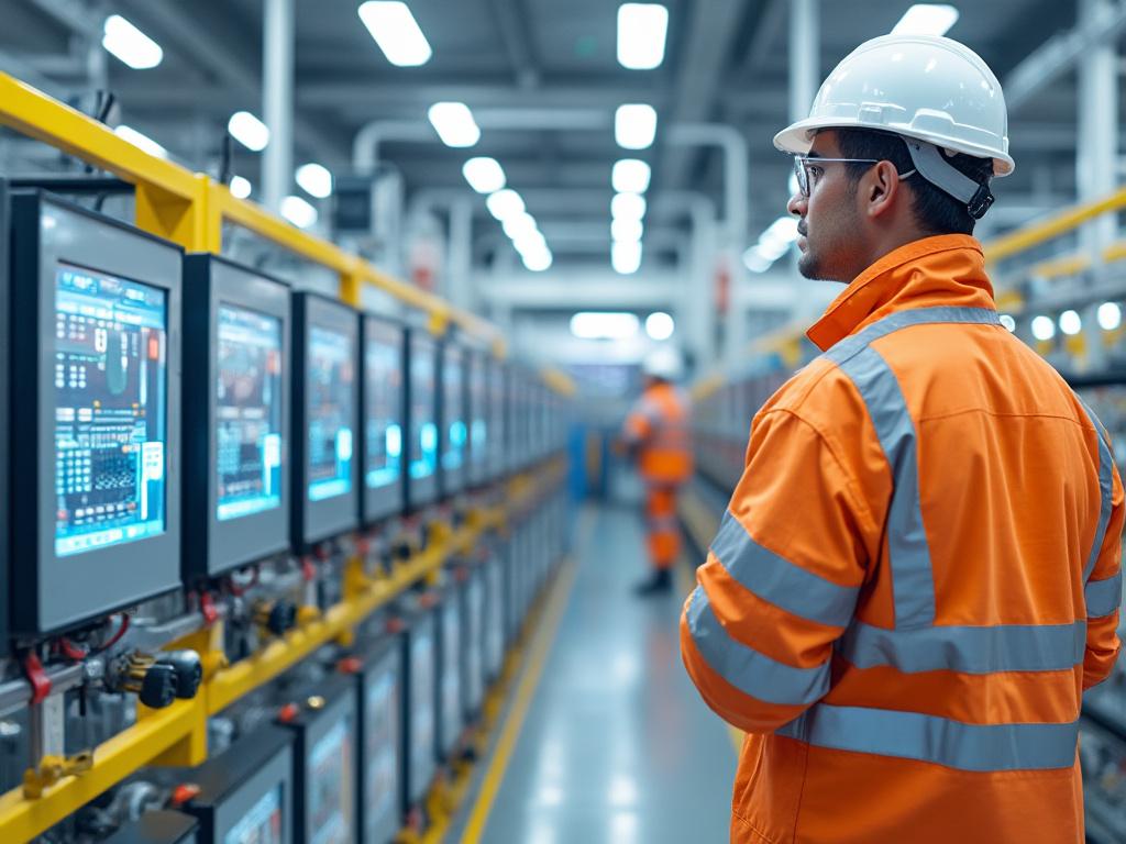Trabajador en fábrica supervisando monitores industriales, vistiendo equipo de seguridad naranja y casco blanco.