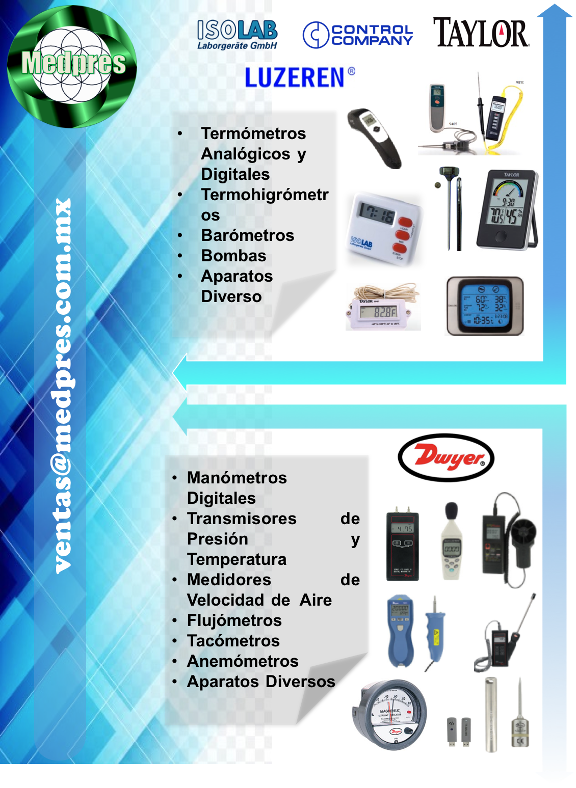 isolab, control company, taylor, luzeren, termometros, barometros, manometros, tacometros, flujometros, anemometros   