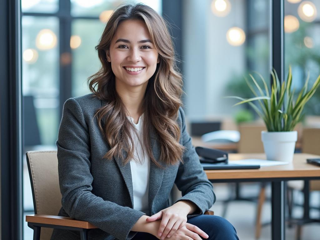 Smiling woman in a business suit seated at a modern office with natural light and potted plant.