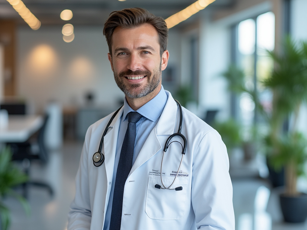 Médico sonriente con bata blanca y estetoscopio en un moderno consultorio.