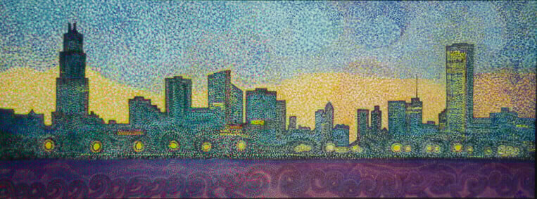 Op-012 CHICAGO SKYLINE 24 in x 72 in Oil on Canvas 1980 private collection