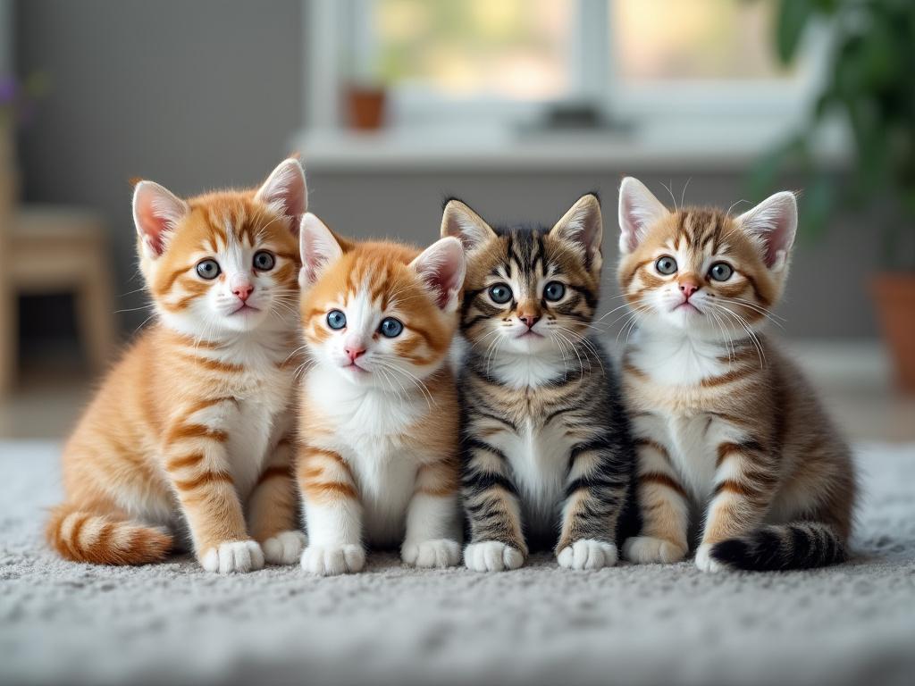 Cuatro gatitos atigrados adorables sentados en una alfombra dentro de casa