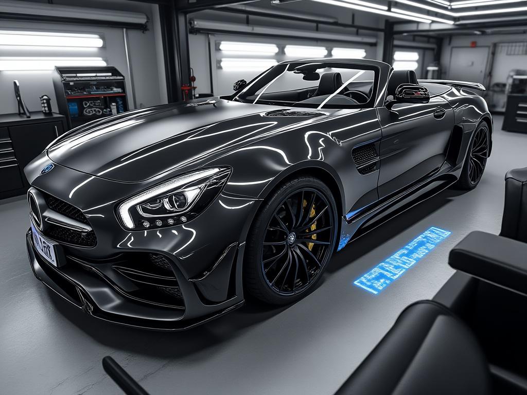 Luxury black sports convertible car in a modern garage with sleek design and alloy wheels.