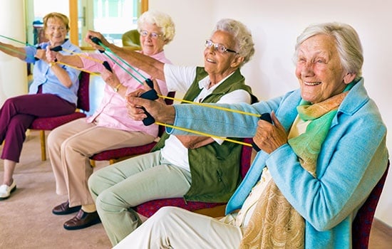 Cheerful Senior Women Exercising Their Arms.