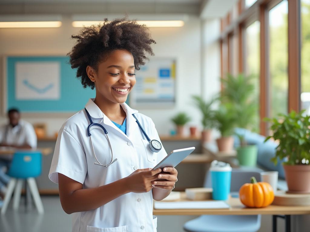 Médica sonriente con estetoscopio en entorno moderno consulta dispositivo móvil, decoraciones otoñales.