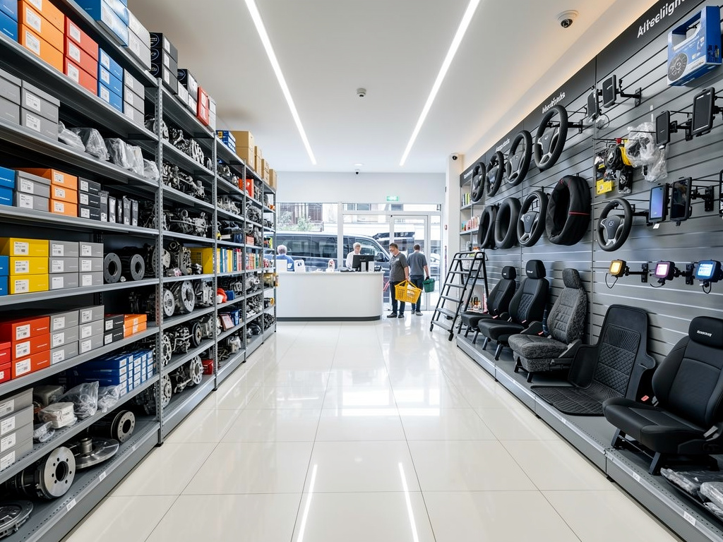 Tienda de accesorios y repuestos de automóvil con estanterías de piezas, volantes, asientos y luces LED