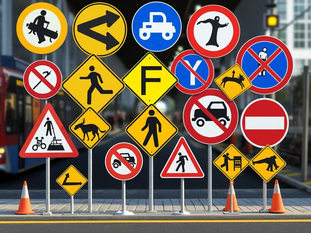 Conjunto de señales de tráfico variadas en una calle, incluyendo advertencias y prohibiciones para peatones y vehículos.