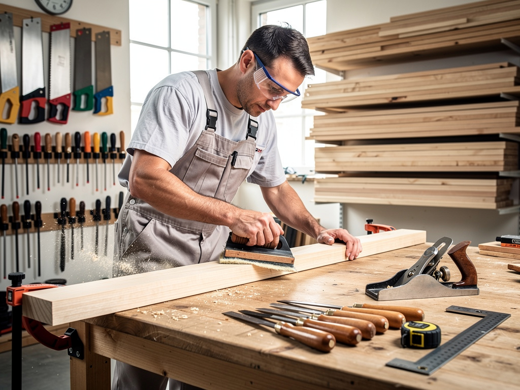 Carpintero lijando una tabla de madera en taller con herramientas de carpintería y tablones apilados