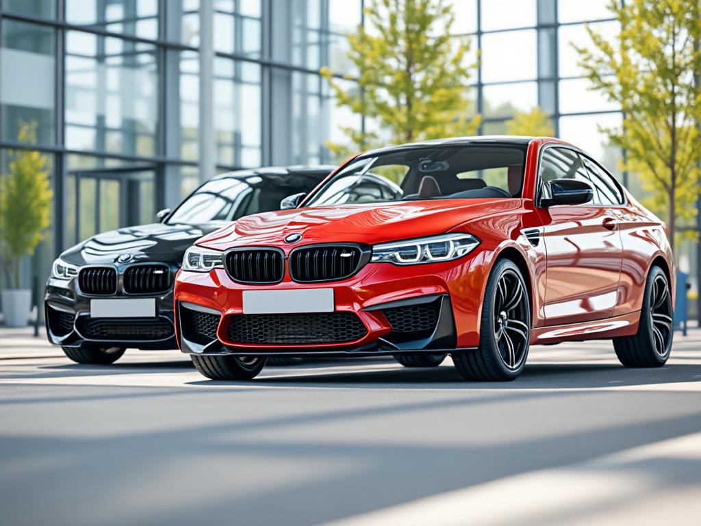 Dos coches deportivos BMW aparcados en un concesionario, uno rojo al frente y otro negro detrás, con un entorno moderno y árboles alrededor.